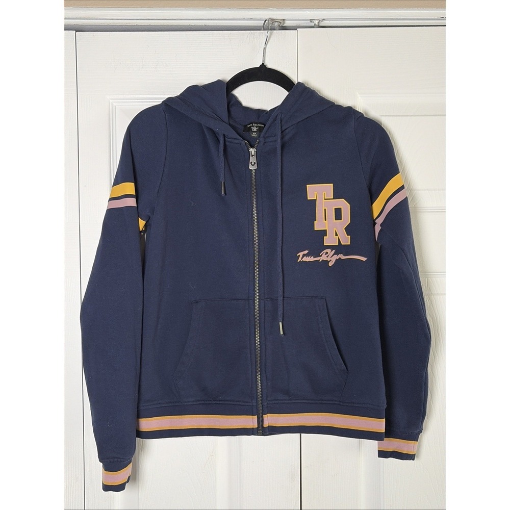 True Religion Collegiate Zip Up Hoodie Womens Size S Navy Blue Varsity Cotton